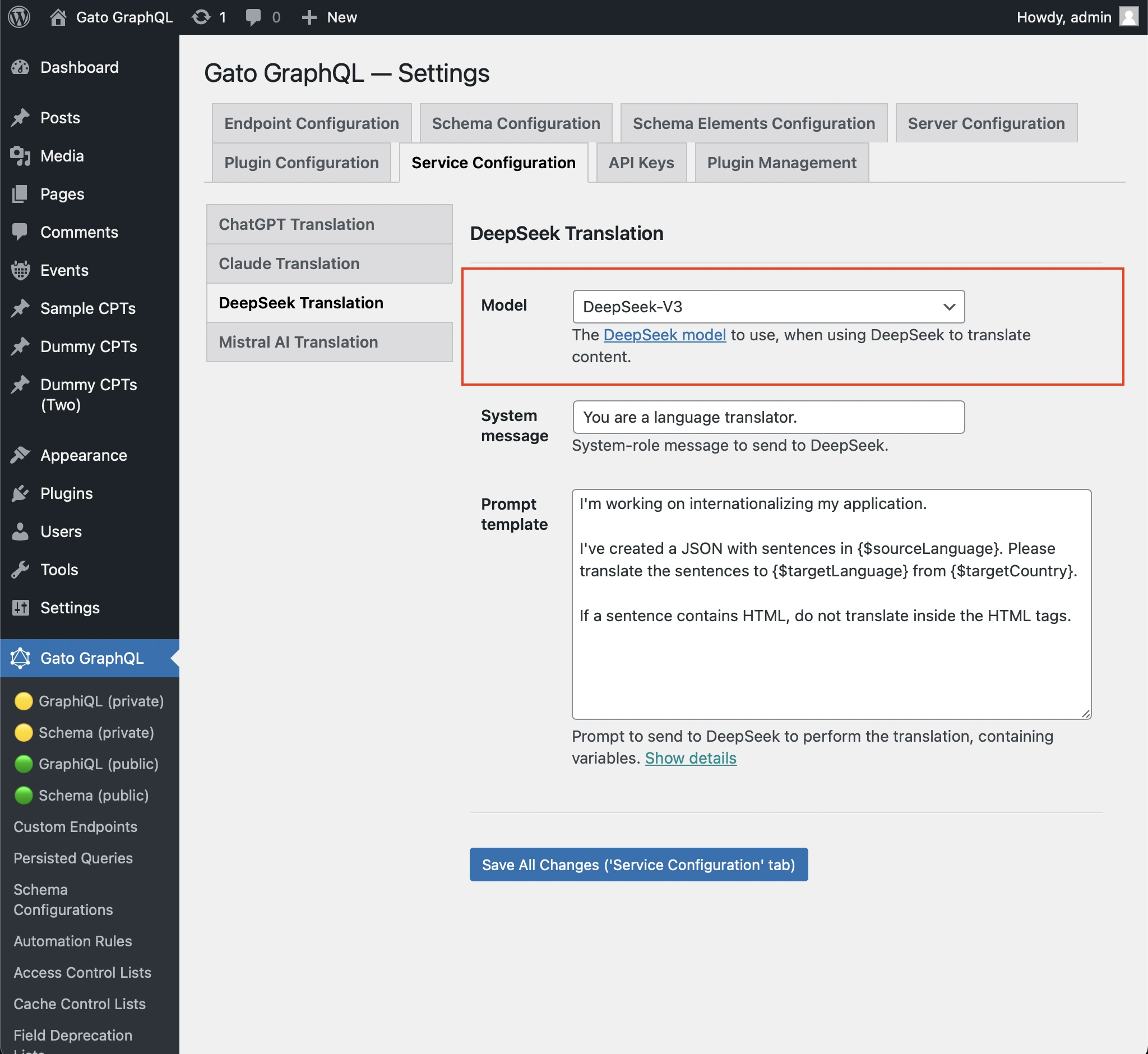 Setting the DeepSeek model