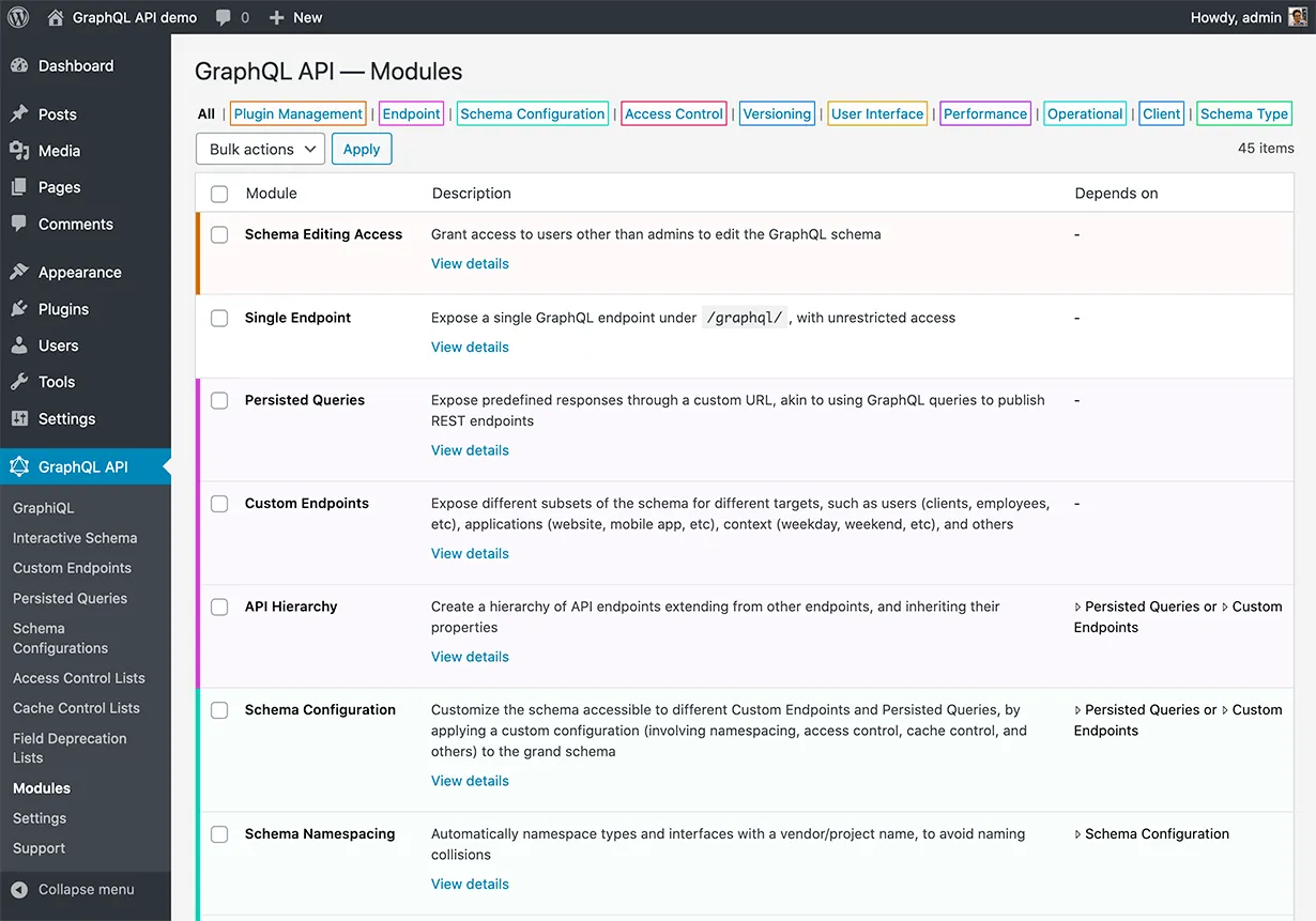 Modules page in Gato GraphQL